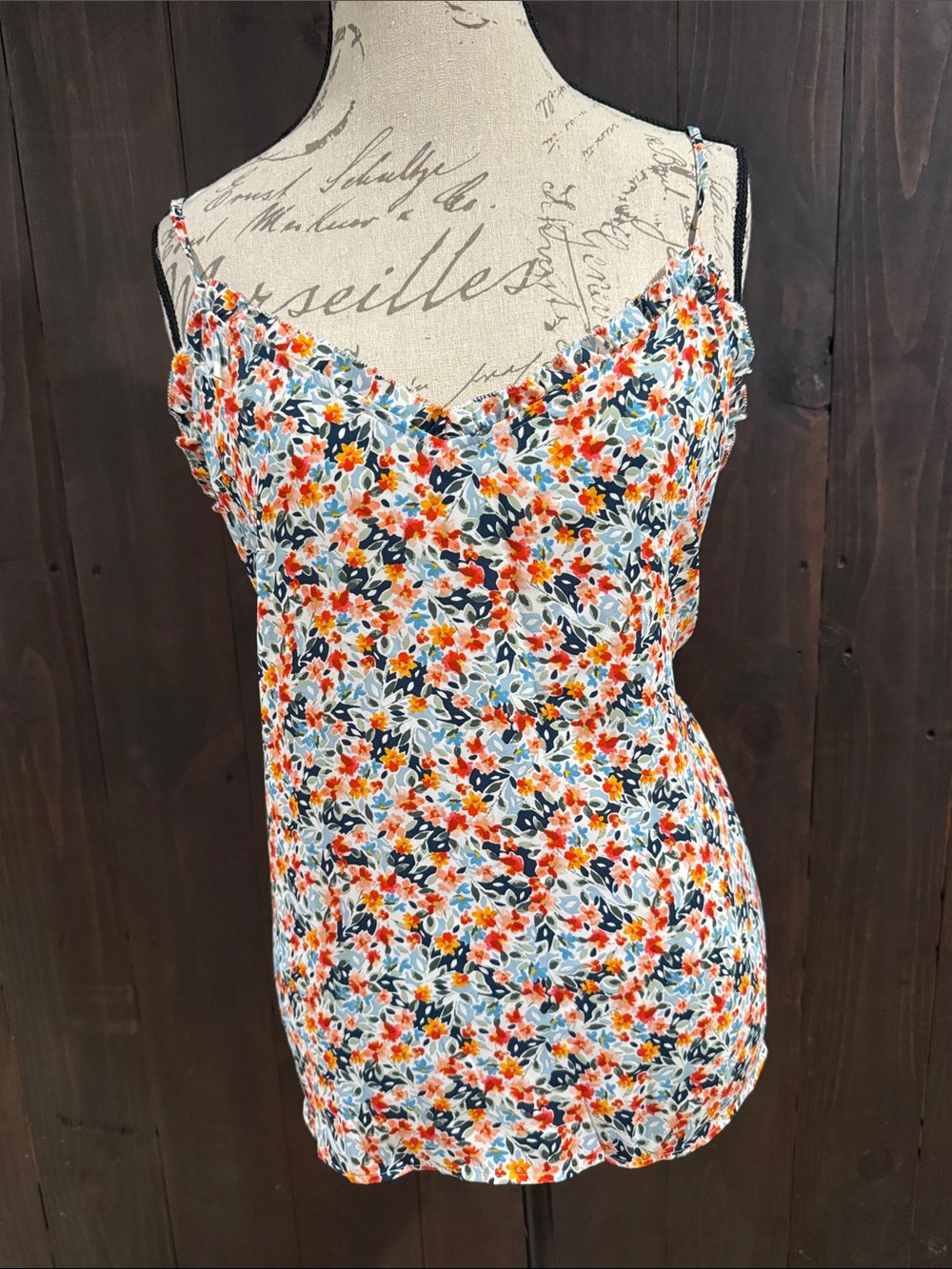 LOFT Floral Spaghetti Strap Cami - White with Orange & Navy
